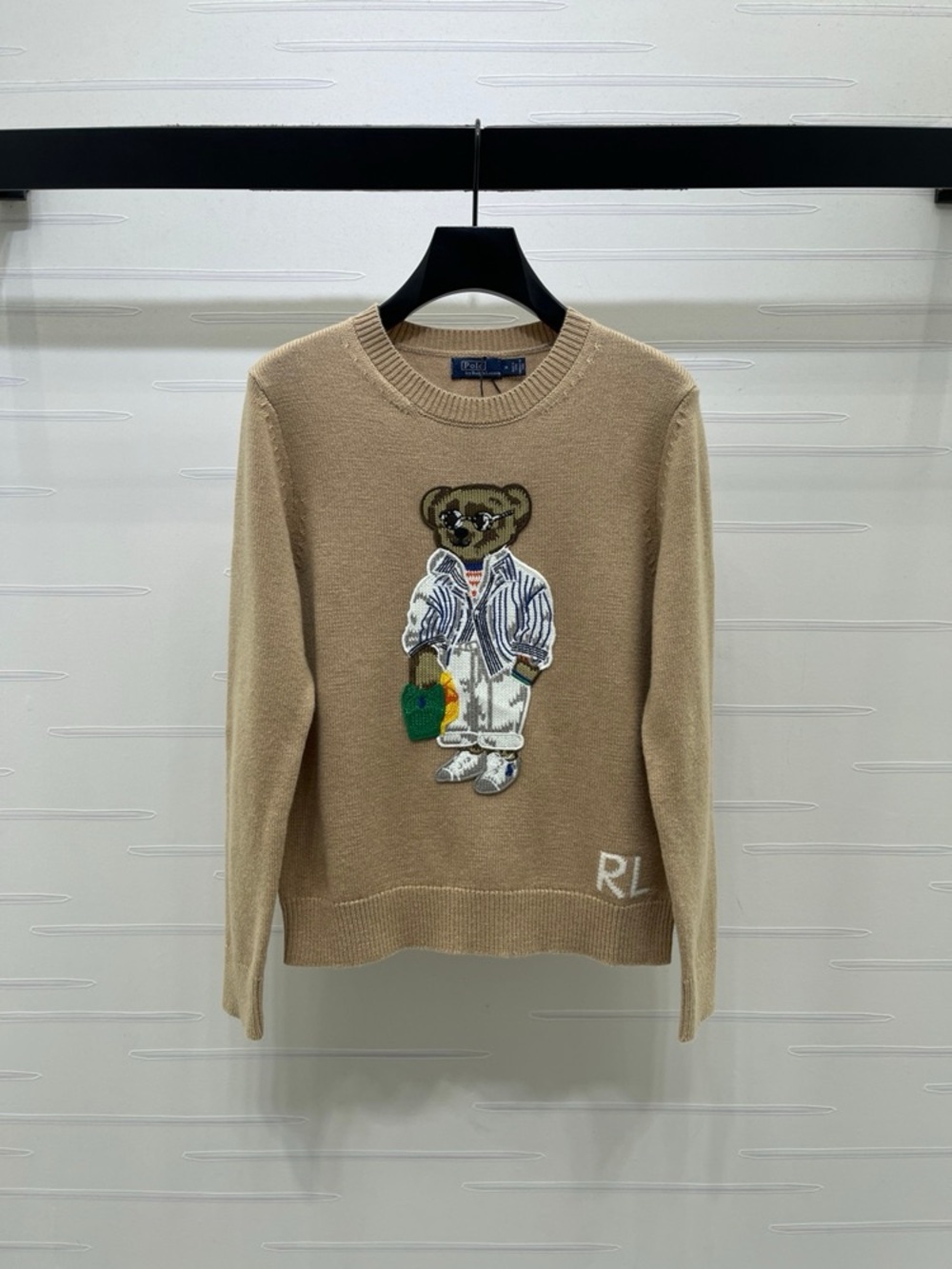 Ralph Lauren Beige Polo Bear Crewneck Sweater with Embroidered Bear